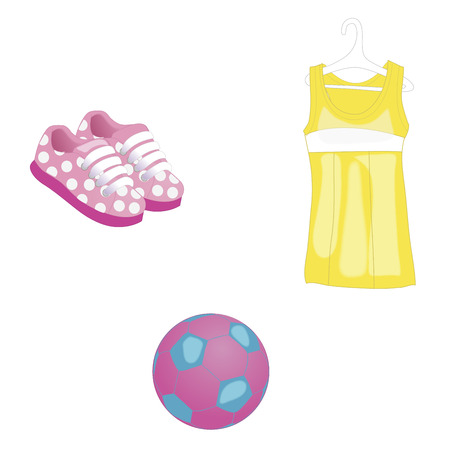 Summer beach, sea clothes, dress icons and a ball for baby girl. Vector illustration. Isolated on whiteのイラスト素材