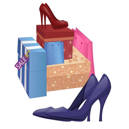Illustration with shoe boxes and pairs of high-heel shoes. Isolated on white background. Vectorのイラスト素材