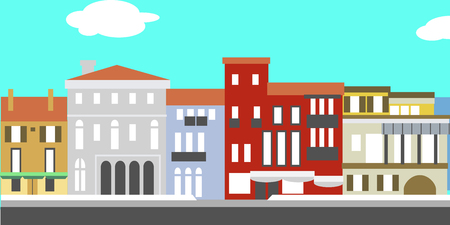 Illustration of European cityscape in simple style. Traditional landscape. Houses in the old European style.のイラスト素材