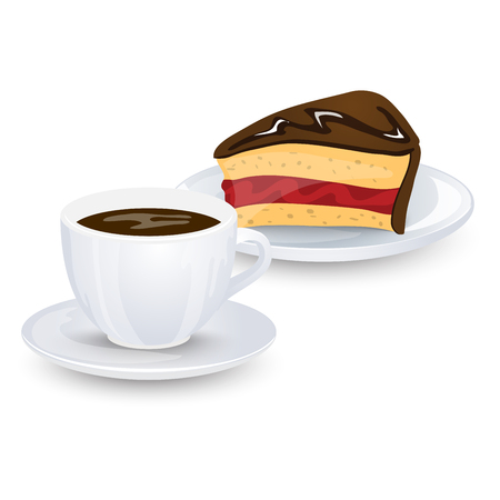 A cup of coffee and a piece of chocolate cake with jam isolated on white background. Vectorのイラスト素材