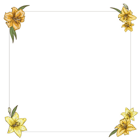 Thin frame with yellow lilies in the corners. Ready template for your design. Vectorのイラスト素材