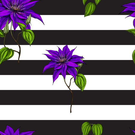 Seamless pattern with purple flowers, leaves and stems on black and white background. Vectorのイラスト素材
