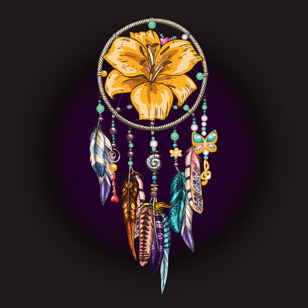 Hand drawn ornate Dreamcatcher with feathers, jewels, colorful gemstones and lily flower on blackのイラスト素材