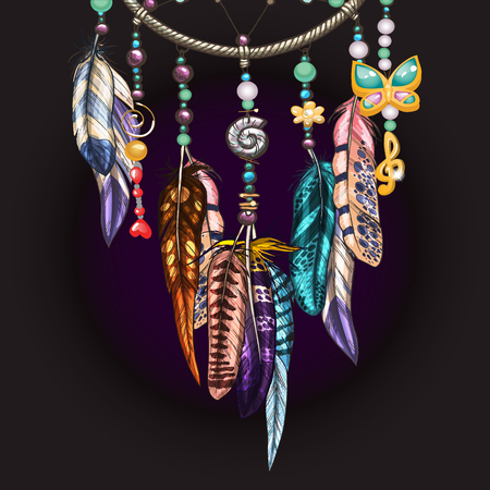 Hand drawn ornate Dreamcatcher with feathers, jewels and colorful gemstones. Ornamental bird feathers isolated on blackのイラスト素材