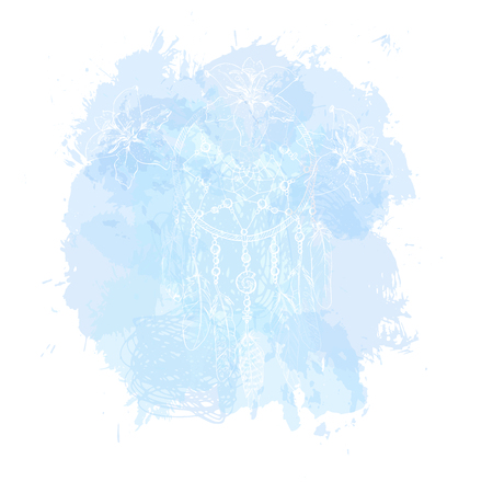 Abstract watercolor spot background with Dreamcatcher. Splash texture background isolated on white. Trendy soft blue color.のイラスト素材