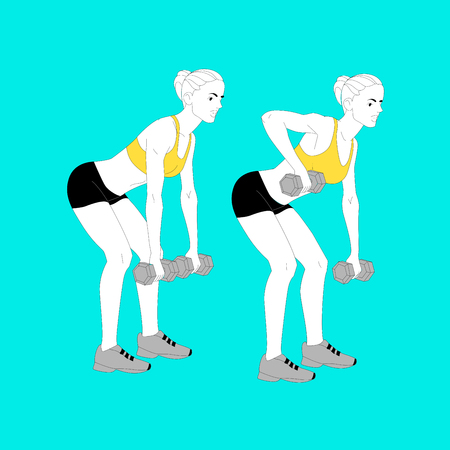 The girl is doing sports exercises with dumbbells isolated on blue background.のイラスト素材
