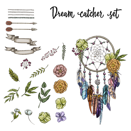 Set of hand drawn ornate Dreamcatcher, flowers and various design elements isolated on white background. Vectorのイラスト素材