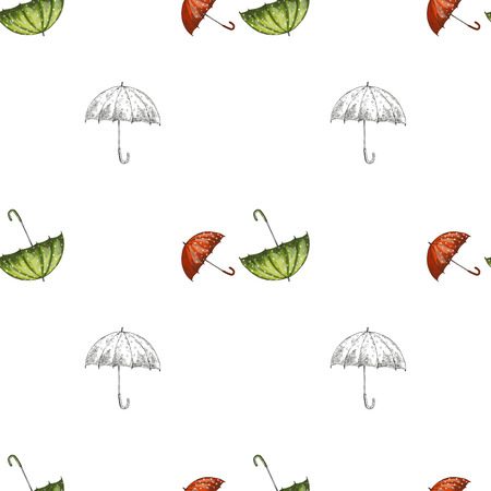 Vector seamless pattern with red, green and contoured hand drawn umbrellasのイラスト素材