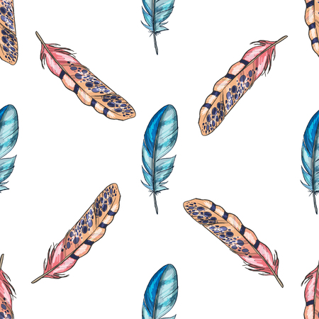 Vector seamless pattern with colorful detailed bird feathers.のイラスト素材