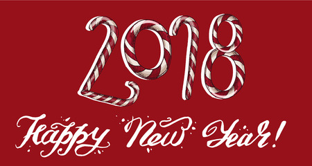 New Year 2018 . Winter card with candies andHappy New Year lettering on a red background. Vector illustrationのイラスト素材