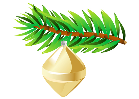 Green spruce branch with golden toy. Isolated on white vector illustration.のイラスト素材