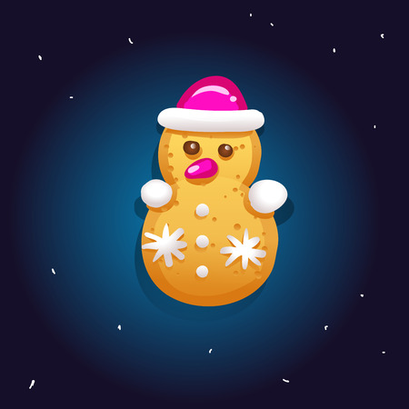 Cute gingerbread cookies for christmas in the form of a snowman. Night sky background. Vector illustrationのイラスト素材