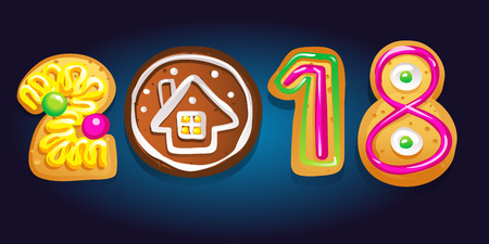 Gingerbread figures. Number 2018 made of cookies. New Year winter card. Vector illustrationのイラスト素材
