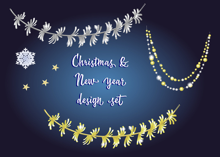 Set of vector detailed tinsel isolated on dark blue background. Gold and silver christmas decorationのイラスト素材