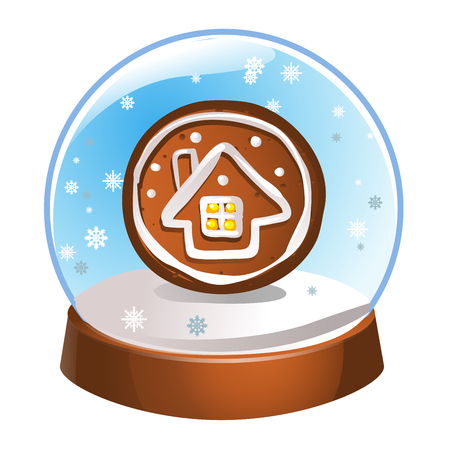 Snow globe with a winter house inside isolated on white background. Christmas magic ball. Snowglobe vector illustration. Winter in glass ball, crystal dome iconのイラスト素材