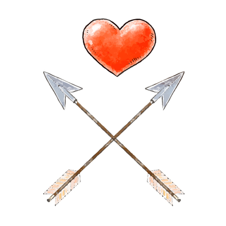 Hand drawn red heart and vintage arrows. Design elements for Valentines day. Vector illustrationのイラスト素材