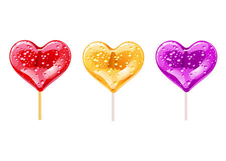 Set of romantic lollipops in the shape of a heart. Sweetness for Valentines day. Vector illustrationのイラスト素材