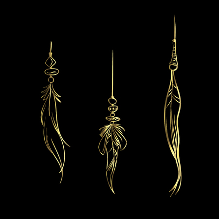 Luxury hand drawn golden feathers isolated on a black background. Vector elements for your designのイラスト素材