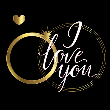 Vector greeting card. Composition with I LOVE YOU inscription and golden elements on a black background. Universal love postalのイラスト素材