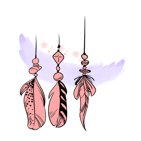 Hand drawn watercolor feathers. Pink hackles of bird Isolated on white background. Boho chic. Vector illustrationのイラスト素材