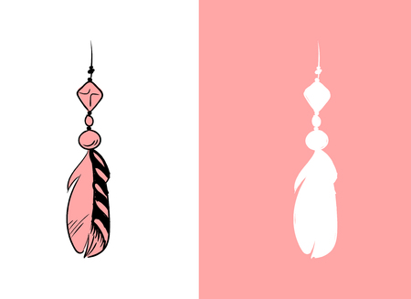 Set of design and decor elements. Detailed bird feather close up. Hand drawn ornate ethnic elements on a pink background. Vector illustrationのイラスト素材