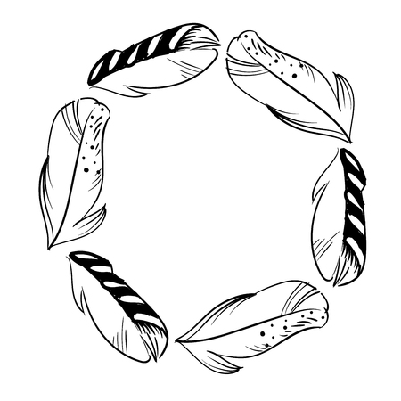Monochrome circle frame of feathers. Ready template for design, postcards, printingのイラスト素材