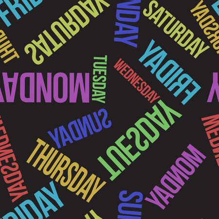 Contrasty vector seamless pattern with days of the week on a black background. Contrasting backdrop for any designのイラスト素材