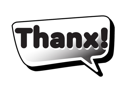 Monochrome vector Thanx speech bubble. Black and white emotional icon isolated. Comic and cartoon styleのイラスト素材