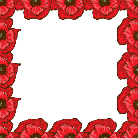 A beautiful floral frame of red poppies. Flower design for cards, banners, posters and so on. Botanical vector illustrationのイラスト素材