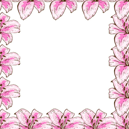 A beautiful floral frame of pink lilies. Flower design for cards, banners, posters and so on. Botanical vector illustrationのイラスト素材