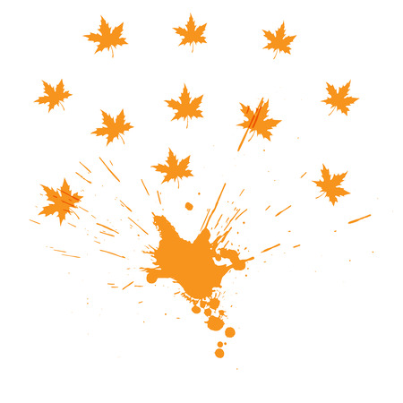 Orange splash and maple leaves on a white background. Colors of autumn nature for your design.のイラスト素材