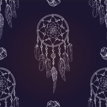 Vector seamless pattern with white outline Dream catcher on dark blue background. Luxury dream catcher with flowers and beadsのイラスト素材