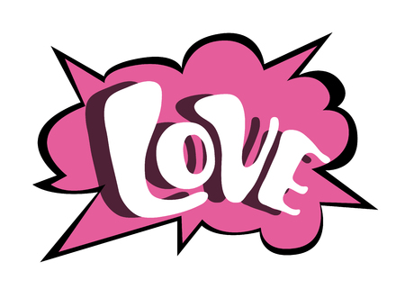 Bright pink vector speech bubble LOVE. Colorful emotional icon isolated on white background. Comic and cartoon styleのイラスト素材