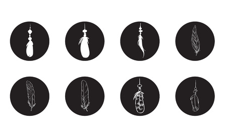 Set of detailed feather silhouettes isolated on a black circles. Laconic and stylish illustration. Monochrome vectorのイラスト素材
