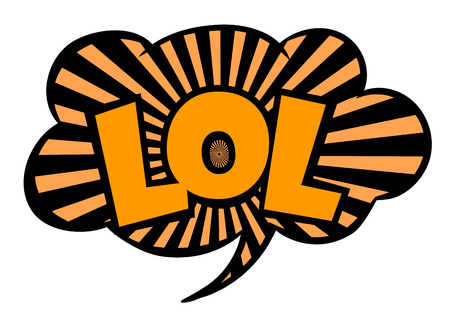 Bright vector speech bubble LOL. Black and yellow striped emotional icon isolated on white background. Comic and cartoon styleのイラスト素材