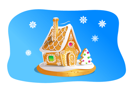 Hand drawnin gingerbread house isolated on blue background. Christmas cookies. Brown and white colorsのイラスト素材