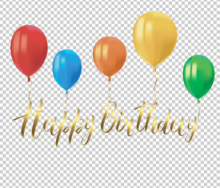 Realistic colorful balloons with reflects and the golden inscription HAPPY BIRTHDAY on transparent background. Festive decor element for Birthday party or balloon greeting card design element. Vectorのイラスト素材