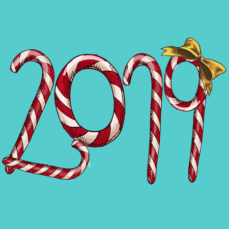 New Year 2019 lollipop candy on a blue background. Christmas winter holidays design. Seasonal greeting card, calendar, poster, banner, brochure template. Vectorのイラスト素材