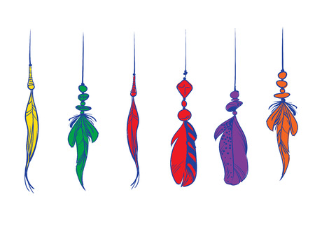 Colorful hand drawn bird feathers, isolated on white background. A set of beautiful bird plumage. Vector illustrationのイラスト素材