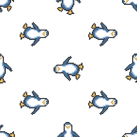 Seamless pattern with penguins. Cute pixel penguins. 8 bit vector illustration. Winter animals patternのイラスト素材