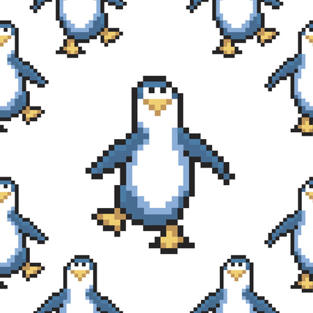Seamless pattern with penguins. Cute pixel penguins. 8 bit vector illustration. Winter animals patternのイラスト素材