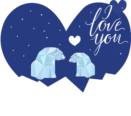 Card with abstract polygonal geometric polar bears. Triangle low poly bears in love. Nature, animal, wildlife theme for design invitation, banner, poster, book, albumの写真素材