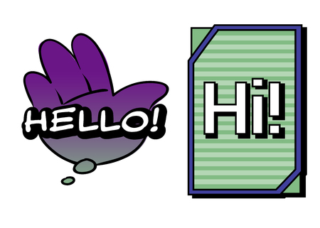 Vector Hello and Hi speech bubbles. Colorful emotional icons isolated on white background. Comic and cartoon styleのイラスト素材