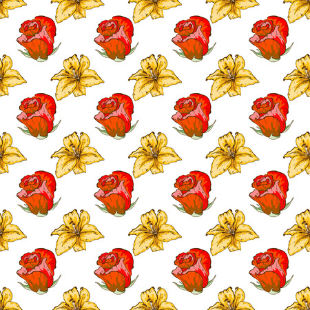 Vintage seamless floral pattern. Beautiful rose and lily flower buds on a white. Abstract hand drawn vector backgroundのイラスト素材