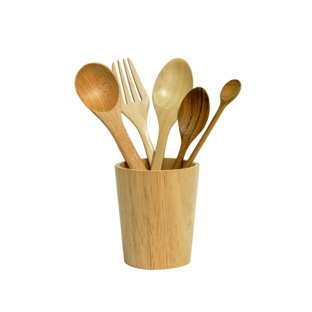 Spoon and fork wood in cup wood isolated or kitchen toolの写真素材