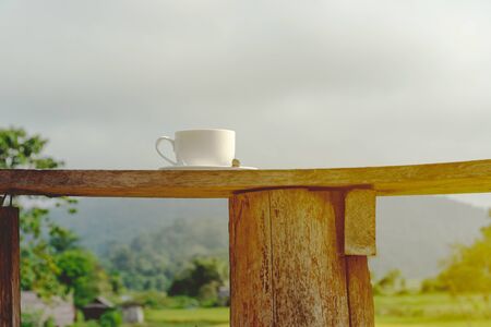 Morning coffee feel relax and calm in nature views backgroundの写真素材