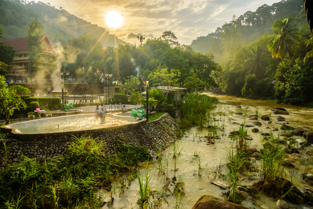 ranong hot spring area and stream from mountain in the morningの写真素材