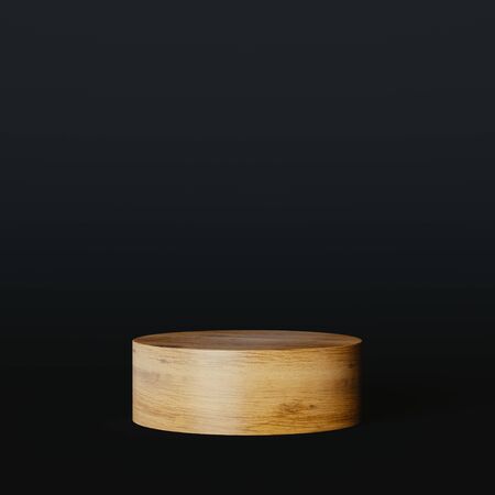 3d render wood cylinder podium realistic on black backgroundの写真素材