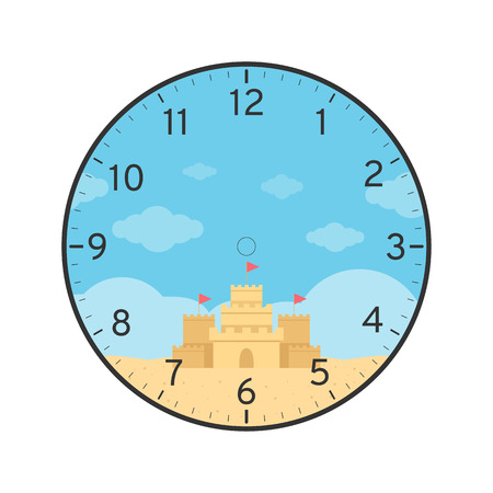 Summer Printable Clock Face Template with Sand Castle Isolated on White Backgroundのイラスト素材