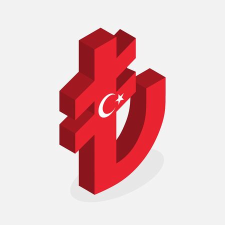 Turkish Lira Currency Symbol with Flag of Turkey, Flat Isometric Styleのイラスト素材
